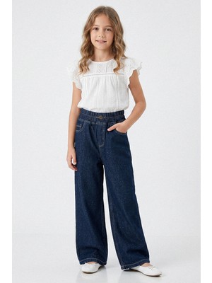 Kinderos Beli Lastikli Serpme Taşlı Kız Çocuk Kot Pantolon - 26Y 1744
