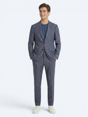 Kip Mavi Desenli Modern Fit Keten Karışımlı Takım Elbise