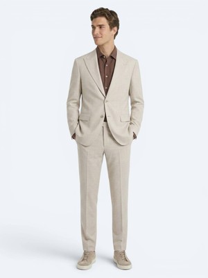 Kip Bej Desenli Modern Fit Yün Karışımlı Takım Elbise