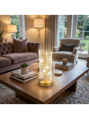 Ozcmax Dalgalı Silindirik Kristal Kareli Model LED Masa Lambası – Gold Tabanlı, Dokunmatik, 3 Renk Işık Modlu, Şarjlı Modern Dekoratif Gece Lambassı