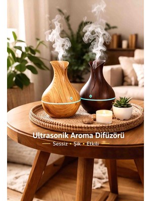 Wolawood Ultrasonik Aroma Terapi Hava Nemlendirici Difüzörü Ahşap Vazo Temalı Ev, Oda, Ofis Sessiz Ferah Atmosfer Usb'li LED Işıklı Dekoratif Set