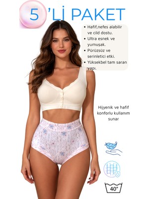 Yüksek Bel Pamuklu Külot, 5’li Desenli Dantel Detaylı Külot Set, Nefes Alan Günlük Iç Giyim L-Xl