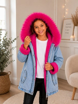 Burçak Butik Kız Çocuk Kapüşonlu Içi Peluş Kürklü Kot Mont Kaban - Kışlık