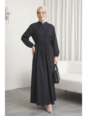 Moda Morfo Önü Nervürlü Yarım Düğmeli Poplin Elbise -Siyah