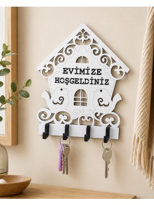 Karbonsoft Evimize Hoşgeldiniz Kuş Ev Temalı Ahşap Anahtarlık Askısı 20 x 19 cm