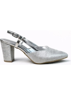 Mey Ayakkabı Gümüş Dokulu Kalın Topuklu Şık Slingback Ayakkabı M2033