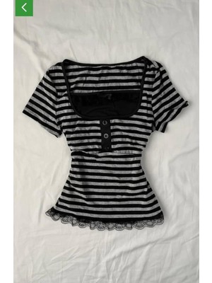 Moonstyle Collection Siyah Gri Çizgili Düğme Detaylı Dantelli Vintage Y2K Kısa Kollu Bluz