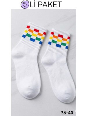 Unisex Pamuklu Soket Çorap 5’li Paket Renkli Desenli Günlük Spor Çorap 36-40