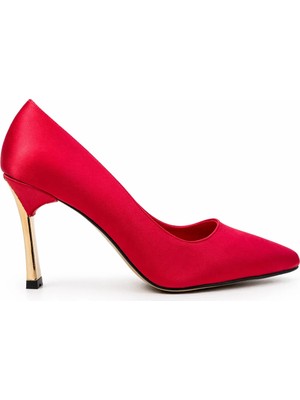 Mey Ayakkabı Kırmızı Saten Gold Topuklu Klasik Stiletto Ayakkabı M2060