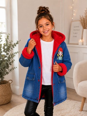 Burçak Butik Kız Çocuk Kapüşonlu Içi Peluş Kürklü Kot Mont Kaban - Kışlık