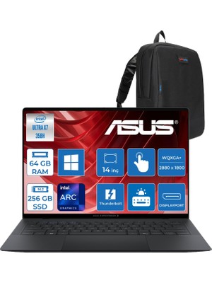 Asus Expertbook (B9406CAA) Intel® Core™ Ultra X7 358H 64GB 256GB SSD Intel® Arc™ Gpu 14.0-Inch OLED Wqxga+ (2880 x 1800) 1400NITS Hdr DCI-P3:100 WIN11PRO Dokunmatik Bilgisayar UX7641TB1DP11+ZETTAÇANTA