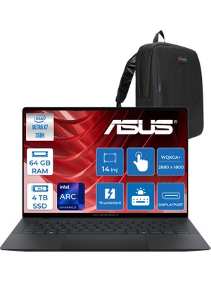 Asus Expertbook (B9406CAA) Intel® Core™ Ultra X7 358H 64GB 4tb SSD Intel® Arc™ Gpu 14.0-Inch OLED Wqxga+ (2880 x 1800) 1400NITS Hdr DCI-P3:100 Freedos Dokunmatik Bilgisayar UX7641TB1DF15+ZETTAÇANTA
