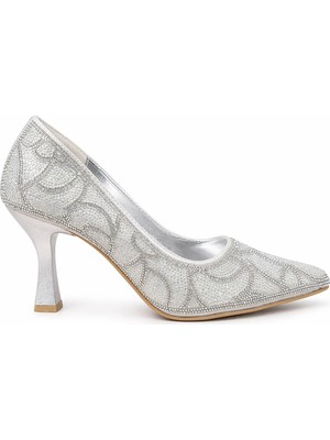 Mey Ayakkabı Gümüş Kristal Taşlı Kadeh Topuklu Kadın Stiletto M2070