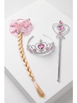 Le Mabelle Pembe Elsa Model Saçlı Lastili Tokalı Taçlı Asa Set