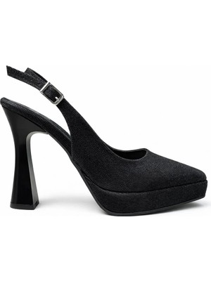 Mey Ayakkabı Siyah Dokulu Kumaş Yüksek Platform Kalın Topuklu Slingback Ayakkabı M2050