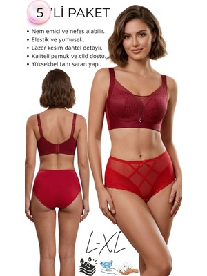 Kadın Yüksek Bel Külot 5’li Set –pamuklu, Dantel Detaylı, Nefes Alan Günlük Iç Giyim L-Xl