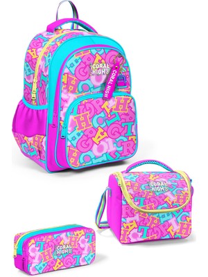 Coral High Kids Pembe Su Yeşili Harf Desenli 3'lü Okul Çanta Seti SET0133241