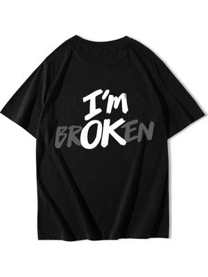Brz Collection Unisex Oversize I'm Ok, Broken T-Shirt Siyah