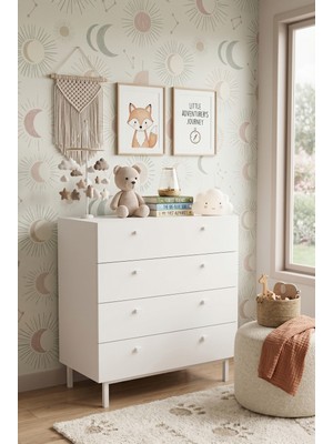 Robin Home Beyaz 4 Çekmeceli Modern Tasarımlı Şifonyer 80 cm Genişlik 93 cm Yükseklik Suntalam Malzeme