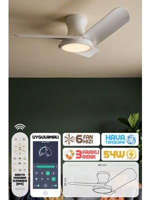 Enshall 80CM Modern Goes Uzaktan Kumandalı 3 Kanatlı Uygulamalı Tavan Vantilatörü ve LED Lamba Işık 54W
