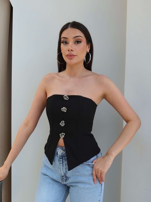 Esra Helvacı Düğme Detaylı Straplez Bluz