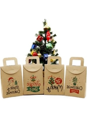 10X15 cm Noel ve Yılbaşı Temalı Kraft Hediye Kutusu Seti - 4 Adet