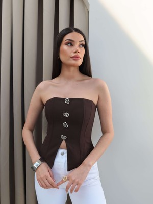 Esra Helvacı Düğme Detaylı Straplez Bluz