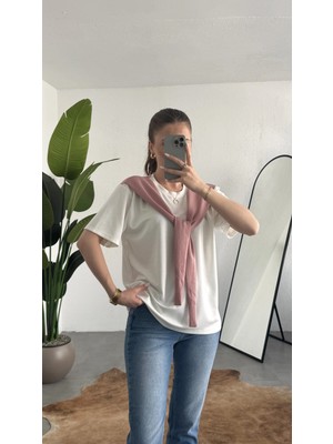 Asfa Moda Kadın Beyaz Şal Detaylı Oversize Basic Kadın Tişört Bluz Pembe Bağlamalı Casual Model