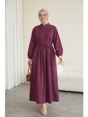 Moda Morfo Önü Nervürlü Yarım Düğmeli Poplin Elbise -Mürdüm