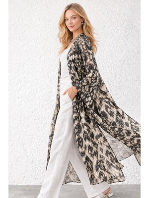 Qymos Prive Uzun Şifon Kimono Bej Siyah Ikat Desenli Pareo