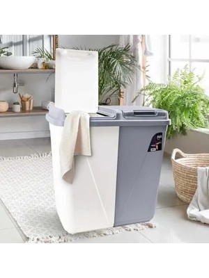Çift Gözlü 90 Litre Plastik Çamaşır Sepeti, Gri-Beyaz