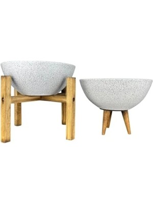Beyaz Granit 3-4 Ayaklı Ikili Set Toprak Saksı 20 cm Çap