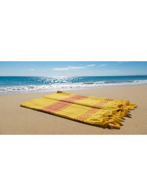 Ludia Ludıa Otantik Püsküllü %100 Pamuklu Büyük Boy Sarı Kırmızı Çizgili Peştemal Havlu 78X195 cm
