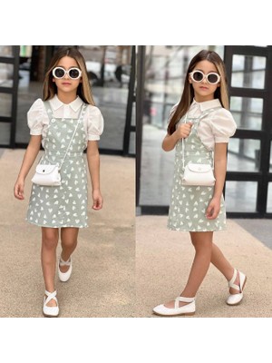 Lina Baby Bloomm Kız Çocuk Mint Yeşil Kalp Desenli Salopet Şık Takım Çantalı Elbise Takımı