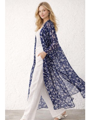 Qymos Prive Mavi Desenli Uzun Şifon Kimono Kadın Yazlık Ince Salaş Kimono Ceket