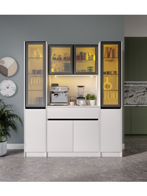 GuneyStore Lotus Maxi Kahve Köşesi Komple Mdf LED Aydınlatmalı Mutfak Kahve Dolabı