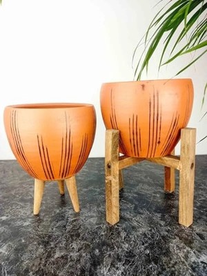 Siyah Çizgi Desenli 15 cm Ikili Set Terrakota Saksı
