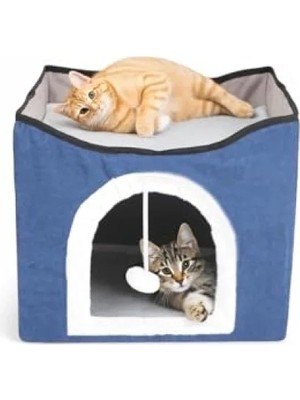 Katlanır Taşınabilir Çok Fonksiyonlu Kapalı Kedi Evi Yatağı - Lacivert