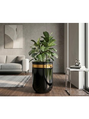 Dekoratif Glossia 45 cm Siyah Gold Darbuka Saksı