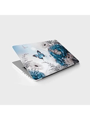 Mavi Kelebek Çiçek Temalı Laptop Sticker