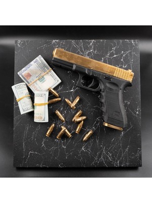 Oko Design 3D Dekoratif Tablo – Altın Detaylı Glock-19 ve Para Banknotu