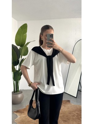 Asfa Moda Kadın Beyaz Şal Detaylı Oversize Basic Kadın Tişört Bluz Siyah Bağlamalı Casual Model