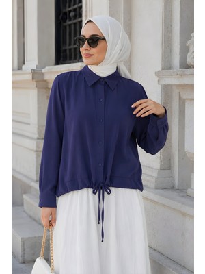 İmaj Butik Lacivert Omuz Büzgülü Modal Dokuma Gömlek