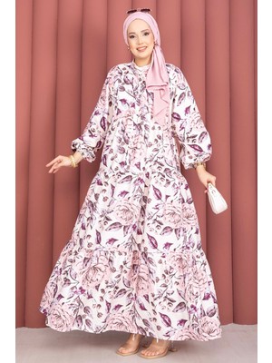 Ums Desenli Yarım Düğmeli Viskon Elbise Pembe