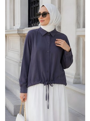 İmaj Butik Antrasit Omuz Büzgülü Modal Dokuma Gömlek