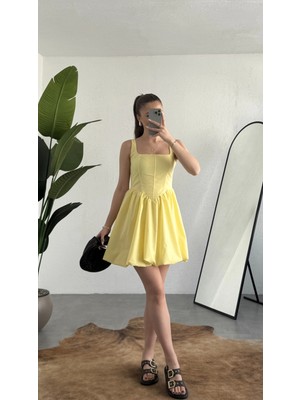 Asfa Moda Kadın Sarı Kare Yaka Korse Formlu Balon Etek Mini Elbise Şık Davet Mezuniyet Elbisesi