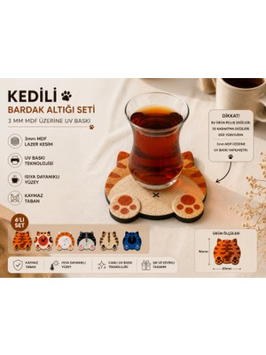 Bundera Kedi Temalı 6’lı Bardak Altlığı Seti – Uv Baskı, 3mm Mdf, Modern Dekor Tasarım