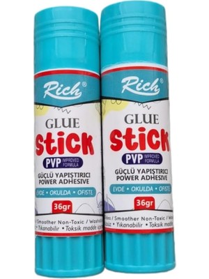 Ala Store Rich® Glue Stick, Pvp Geliştirilmiş Formül, Güçlü Yapıştırıcı, Yıkanabilir, Toksik Madde Içermez, 36GR, 2'li Paket