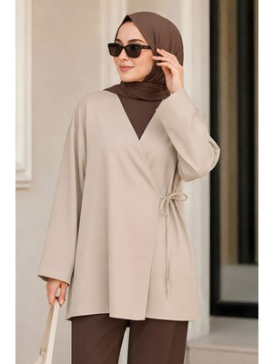 İmaj Butik Bej Kruvaze Yaka Yandan Bağlamalı Yazlık Kimono Tunik