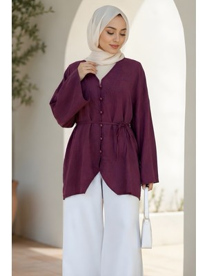 İmaj Butik Mürdüm Kendinden Desenli Ip Bağlamalı Gömlek